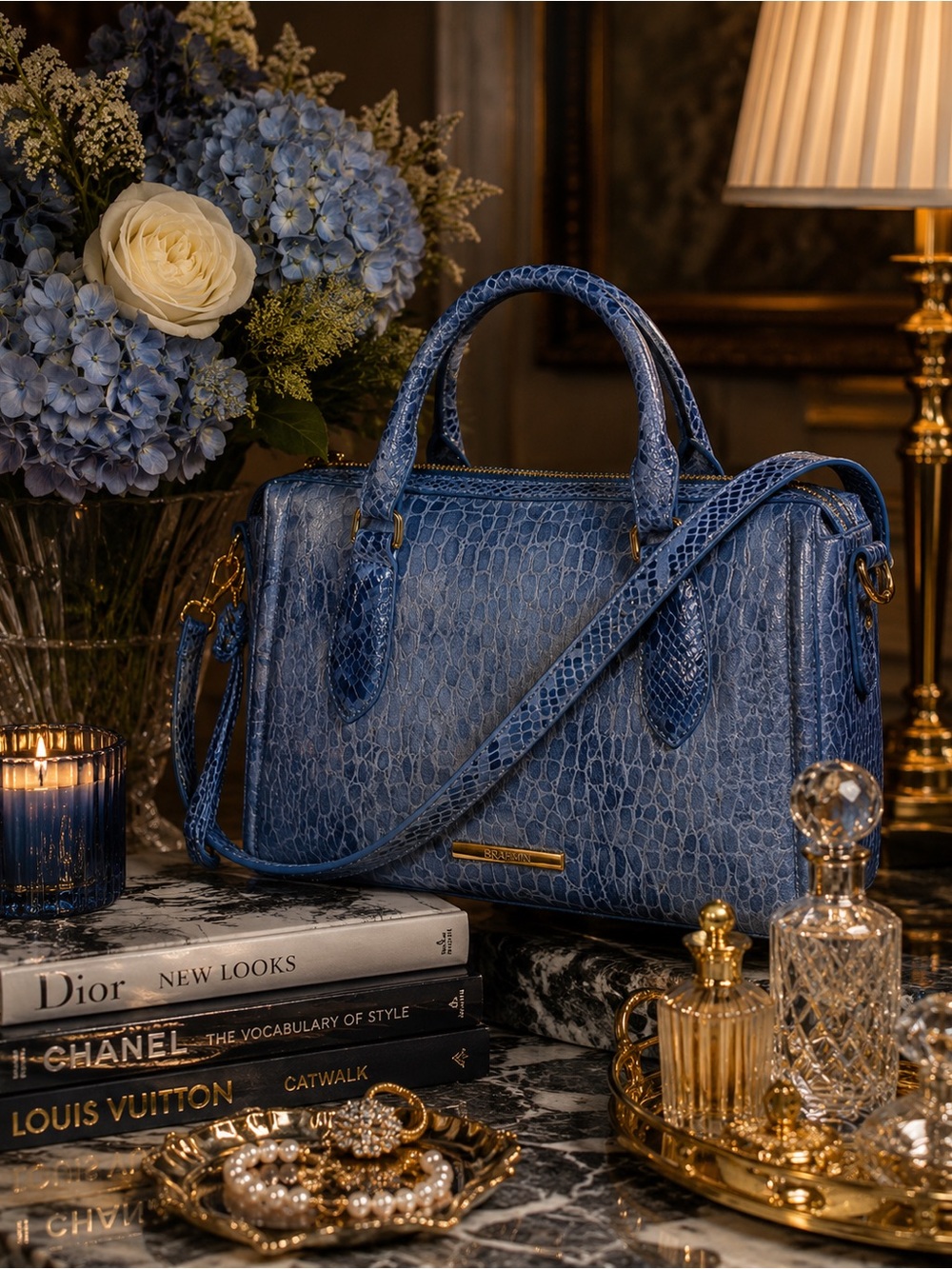 Brahmin Micaela Blue Snake Textured Genuine Leather Satchel